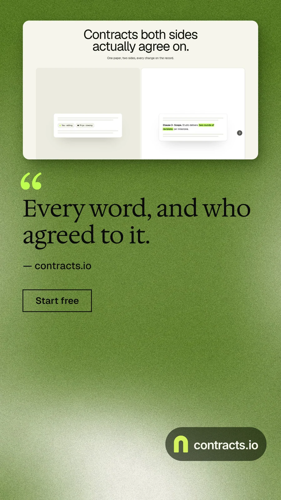 Instagram story for contracts.io: "Every word, and who agreed to it." Cyanotype style, quote layout, light palette in white, green.