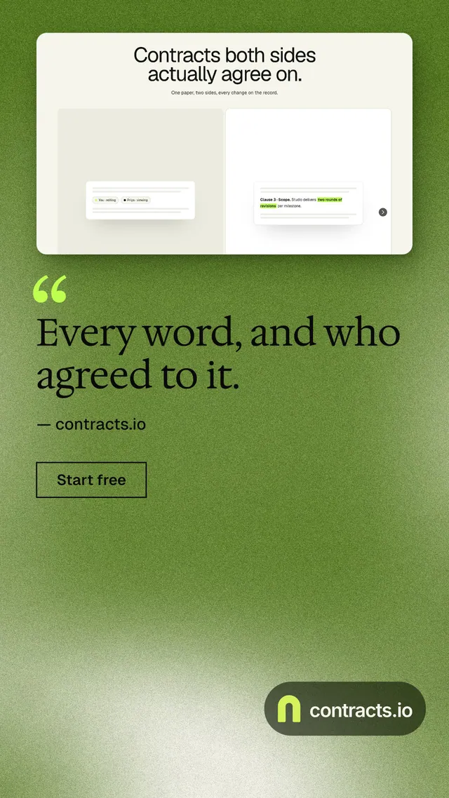 Instagram story for contracts.io: "Every word, and who agreed to it." Cyanotype style, quote layout, light palette in white, green.