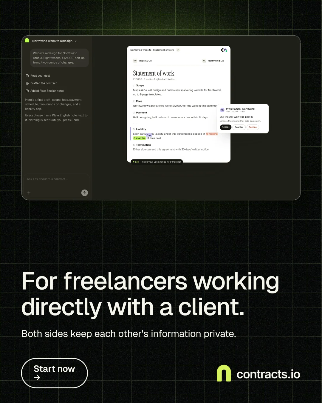 Instagram portrait post for contracts.io: "For freelancers working directly with a client." Phosphor atlas style, bottom layout, dark palette in black, white.