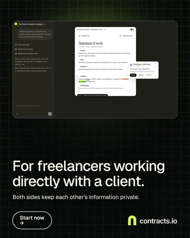 Instagram portrait post for contracts.io: "For freelancers working directly with a client." Phosphor atlas style, bottom layout, dark palette in black, white.