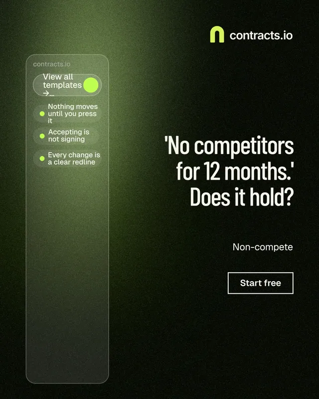 Instagram portrait post for contracts.io: "'No competitors for 12 months.' Does it hold?" Dark deco style, right layout, dark palette in black, green.