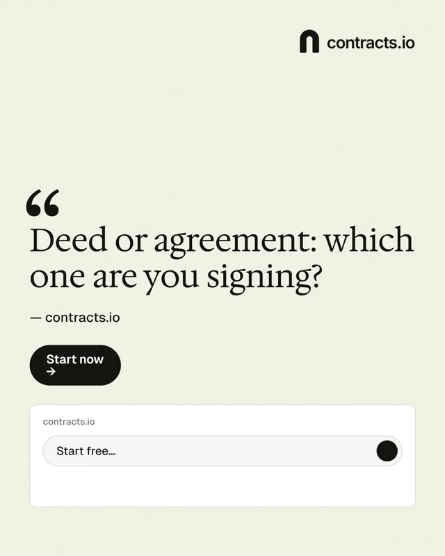 Instagram portrait post for contracts.io: "Deed or agreement: which one are you signing?" Data card style, quote layout, light palette in white, green.