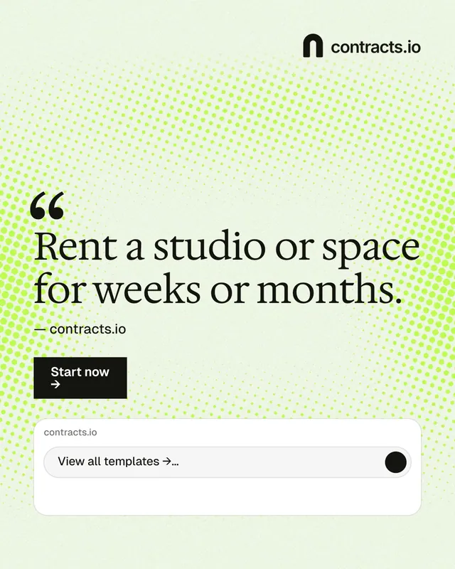 Instagram portrait post for contracts.io: "Rent a studio or space for weeks or months." Swiss style, quote layout, light palette in white, green, grey.