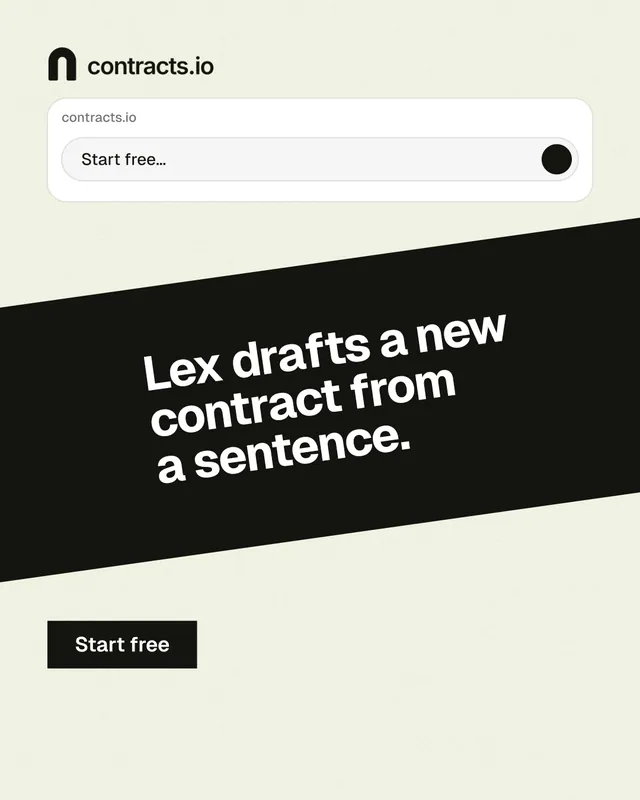 Instagram portrait post for contracts.io: "Lex drafts a new contract from a sentence." Swiss style, diagonal layout, light palette in white, black, green.
