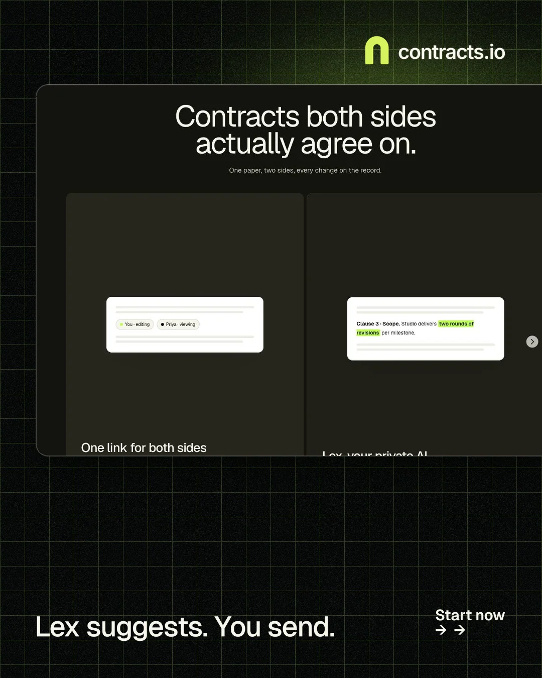 Instagram portrait post for contracts.io: "Lex suggests. You send." Phosphor atlas style, image led layout, dark palette in black, grey.