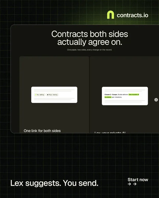 Instagram portrait post for contracts.io: "Lex suggests. You send." Phosphor atlas style, image led layout, dark palette in black, grey.