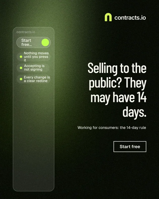 Instagram portrait post for contracts.io: "Selling to the public? They may have 14 days." Dark deco style, right layout, dark palette in black, green, grey.