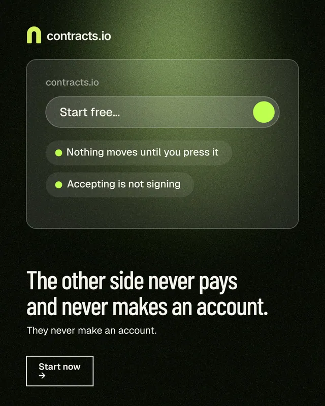 Instagram portrait post for contracts.io: "The other side never pays and never makes an account." Dark deco style, bottom layout, dark palette in black, grey.