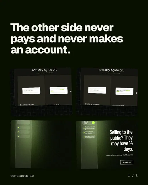 Carousel for contracts.io: "The other side never pays and never makes an account.". Collection carousel, 8 slides, dark palette.