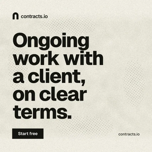 Instagram post for contracts.io: "Ongoing work with a client, on clear terms." Ink sticker style, poster layout, light palette in yellow, grey.