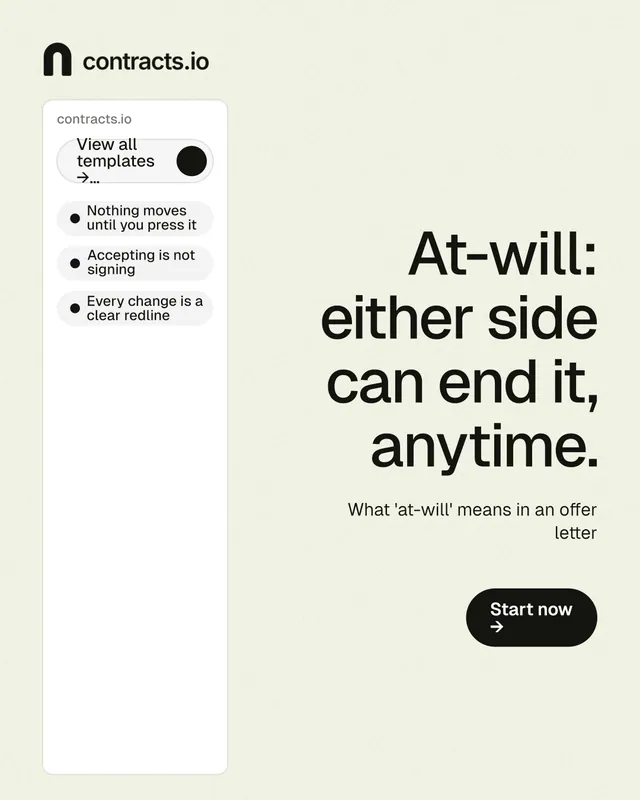 Instagram portrait post for contracts.io: "At-will: either side can end it, anytime." Data card style, right layout, light palette in white, yellow, grey.