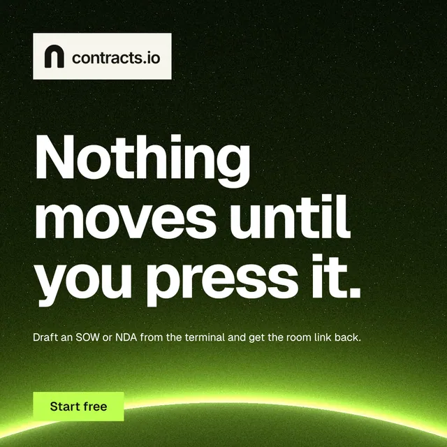 Instagram post for contracts.io: "Nothing moves until you press it." Swiss style, announce layout, dark palette in green, black.