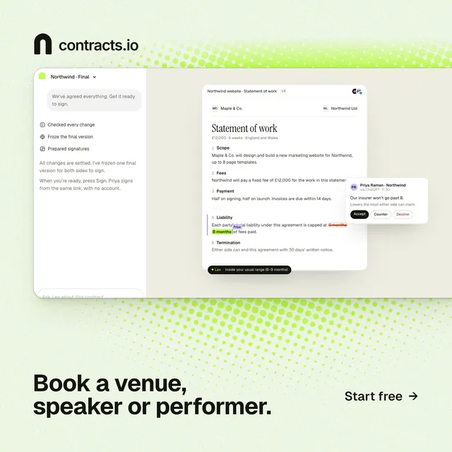 Instagram post for contracts.io: "Book a venue, speaker or performer." Swiss style, image led layout, light palette in white, green, grey.