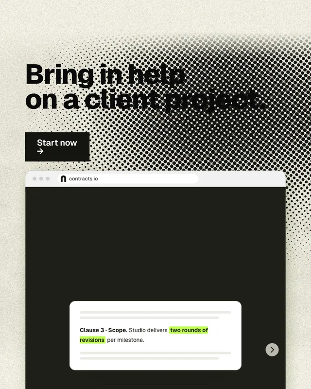 Instagram portrait post for contracts.io: "Bring in help on a client project." Ink sticker style, browser layout, light palette in yellow, black, grey.