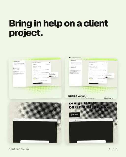 Carousel for contracts.io: "Bring in help on a client project.". Collection carousel, 8 slides, light palette.