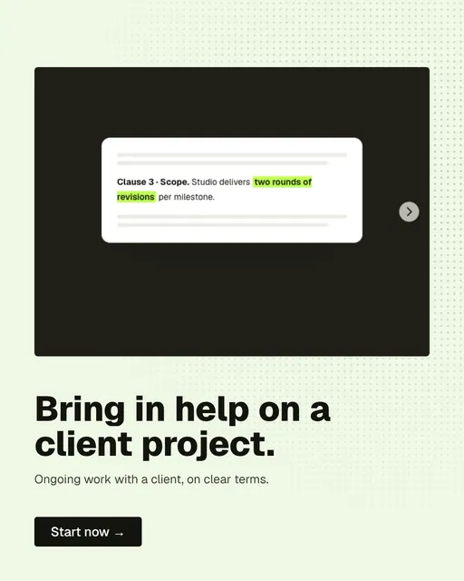 Video for contracts.io: "Bring in help on a client project.". Doc motion loop, 8.0 s, light palette.