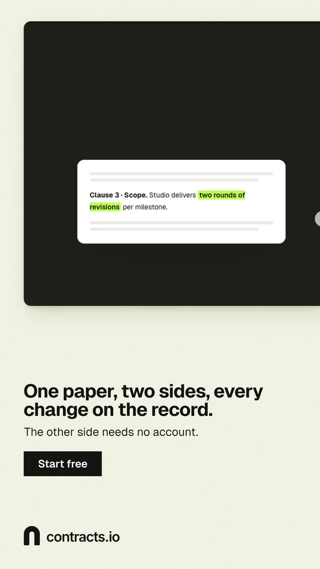 Instagram story for contracts.io: "One paper, two sides, every change on the record." Swiss style, bottom layout, light palette in yellow, black, white.