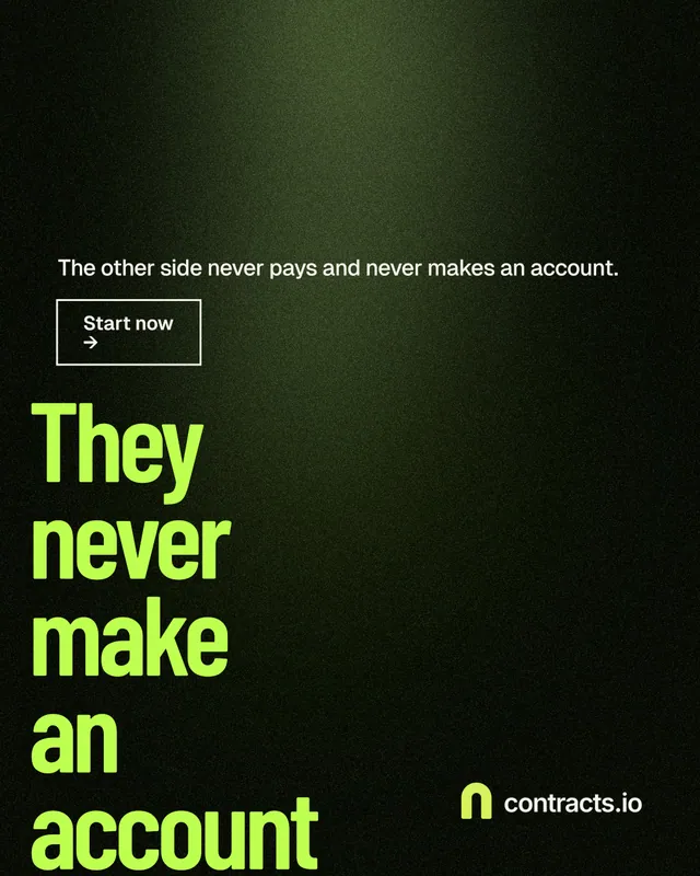 Instagram portrait post for contracts.io: "They never make an account." Dark deco style, oversized layout, dark palette in black, green.