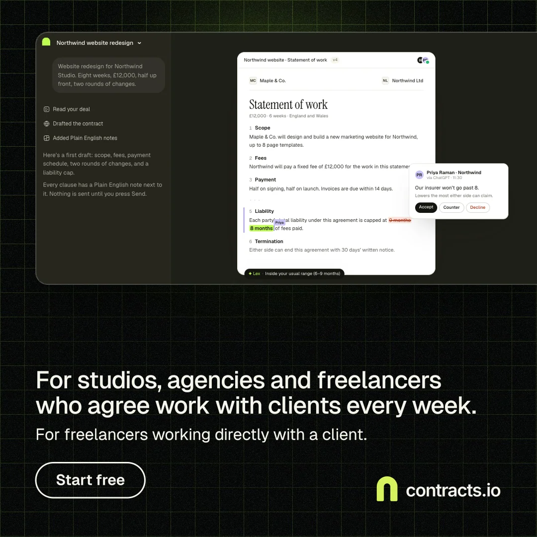 Instagram post for contracts.io: "For studios, agencies and freelancers who agree work with clients every week." Phosphor atlas style, bottom layout, dark palette in black, grey.