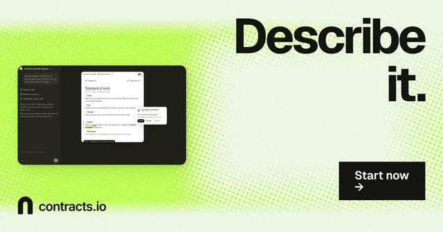 Social ad for contracts.io: "Describe it." Swiss style, right layout, light palette in white, green, black.