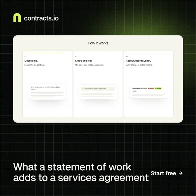 Instagram post for contracts.io: "What a statement of work adds to a services agreement". Phosphor atlas style, image led layout, light palette in white, black, grey.