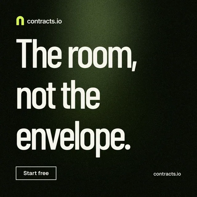 Instagram post for contracts.io: "The room, not the envelope." Dark deco style, poster layout, dark palette in black, grey.