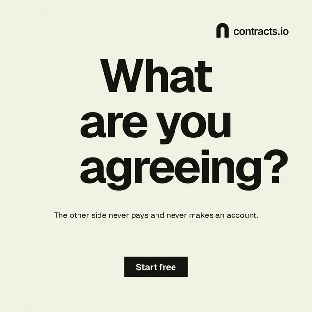 Instagram post for contracts.io: "What are you agreeing?" Swiss style, centred layout, light palette in white, yellow, grey.