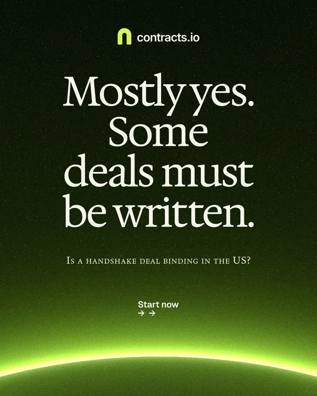 Instagram portrait post for contracts.io: "Mostly yes. Some deals must be written." Swiss style, smallcaps layout, dark palette in green, black.