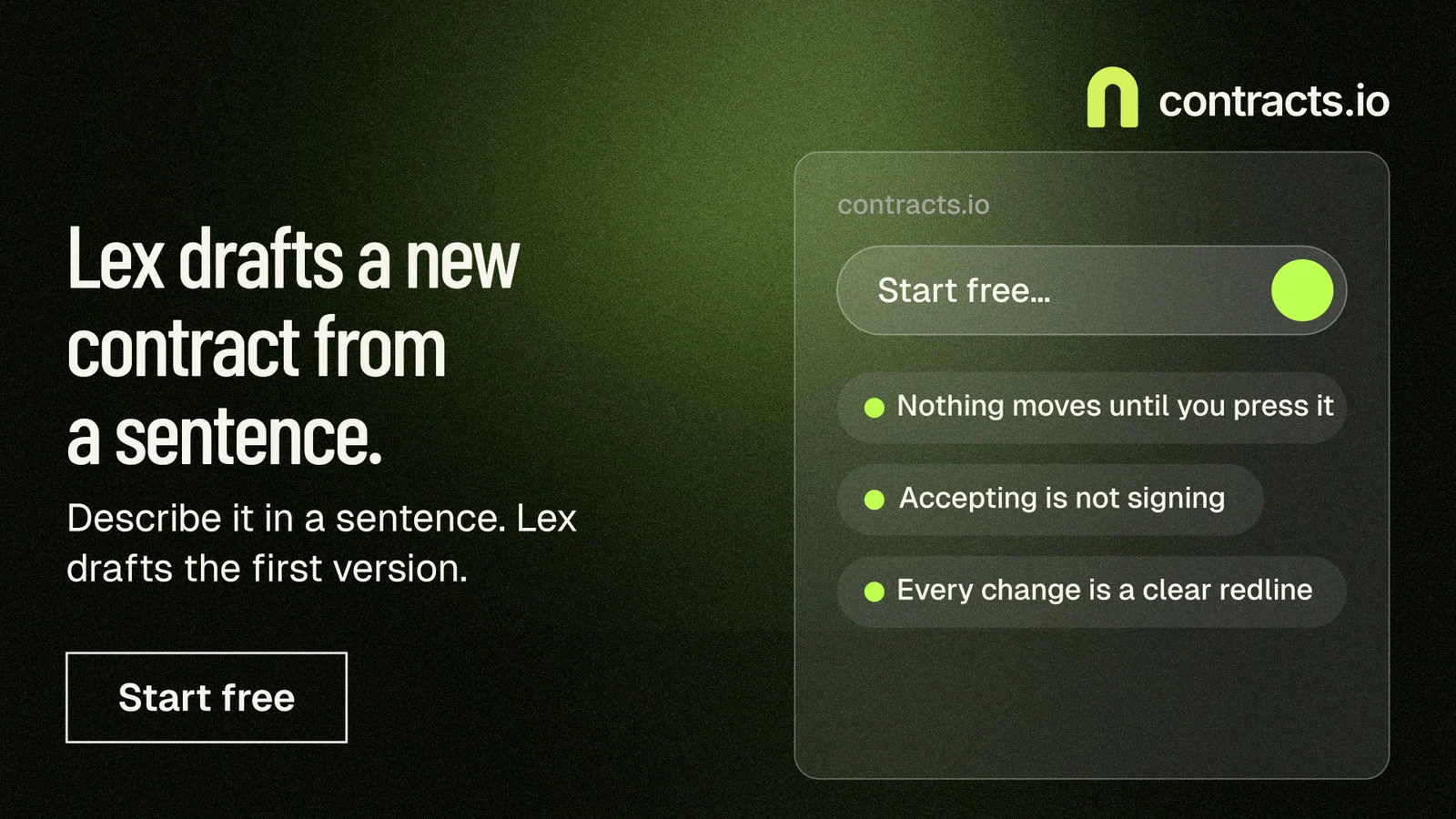 Landscape graphic for contracts.io: "Lex drafts a new contract from a sentence." Dark deco style, bottom layout, dark palette in green, black, grey.
