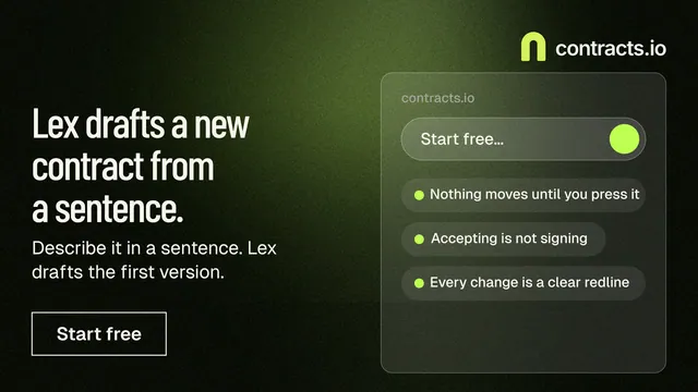 Landscape graphic for contracts.io: "Lex drafts a new contract from a sentence." Dark deco style, bottom layout, dark palette in green, black, grey.