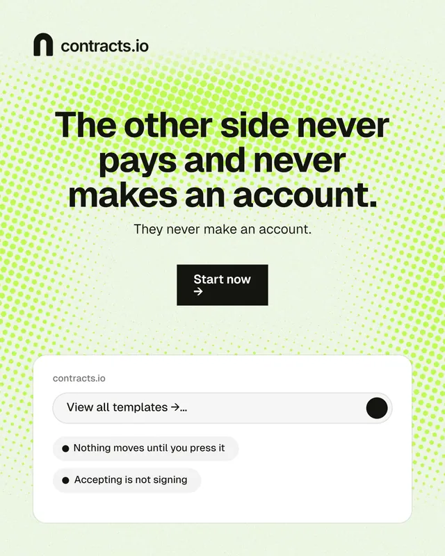 Instagram portrait post for contracts.io: "The other side never pays and never makes an account." Swiss style, centred layout, light palette in white, green.
