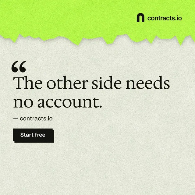 Instagram post for contracts.io: "The other side needs no account." Paper trio style, quote layout, light palette in green, grey.