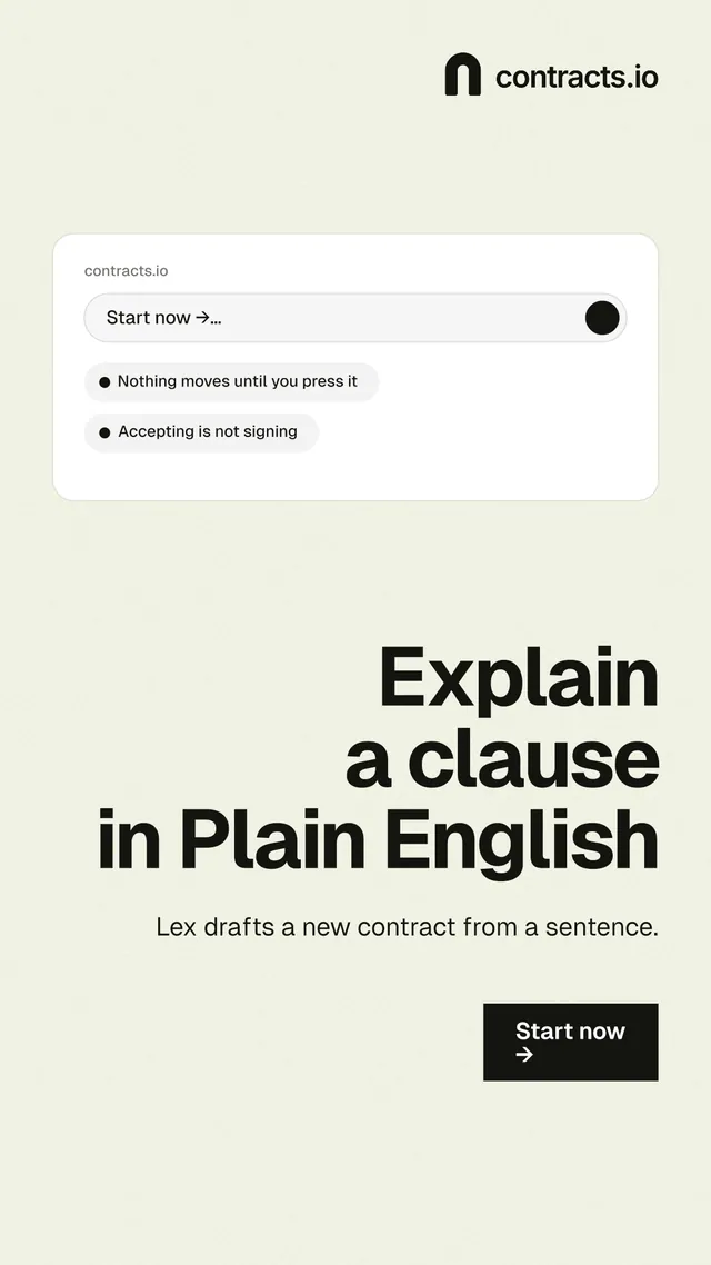Instagram story for contracts.io: "Explain a clause in Plain English". Swiss style, right layout, light palette in white, yellow, grey.