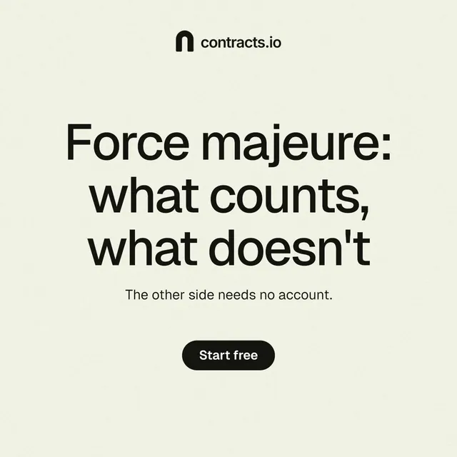 Instagram post for contracts.io: "Force majeure: what counts, what doesn't". Data card style, centred layout, light palette in white, green, grey.