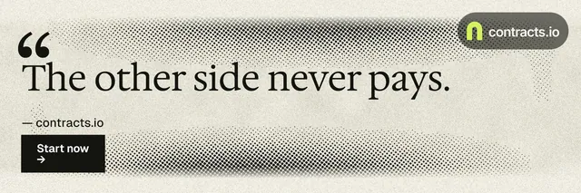X header for contracts.io: "The other side never pays." Ink sticker style, quote layout, light palette in yellow, grey.