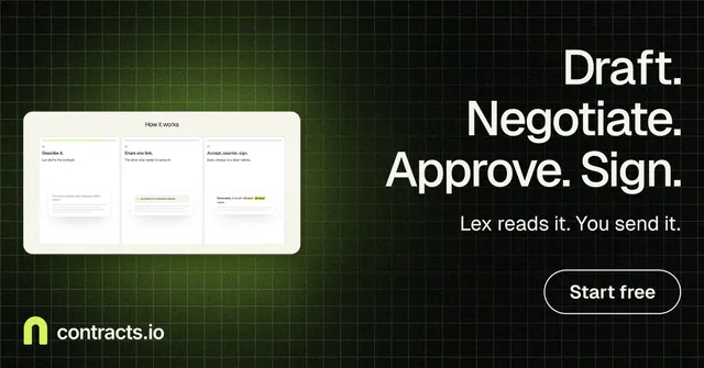 Social ad for contracts.io: "Draft. Negotiate. Approve. Sign." Phosphor atlas style, right layout, dark palette in green, black, grey.