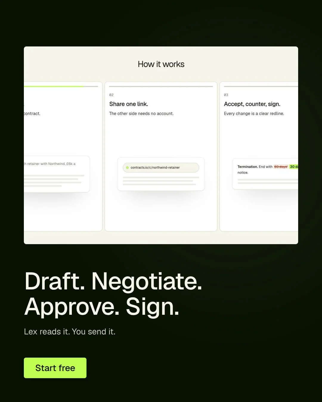 Video for contracts.io: "Draft. Negotiate. Approve. Sign.". Doc motion loop, 8.0 s, light palette.