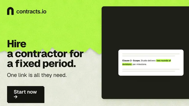 Landscape graphic for contracts.io: "Hire a contractor for a fixed period." Paper trio style, bottom layout, light palette in green, black, grey.