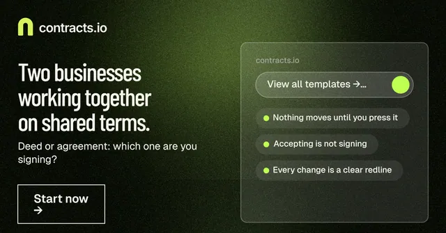 Social ad for contracts.io: "Two businesses working together on shared terms." Dark deco style, bottom layout, dark palette in black, green, grey.