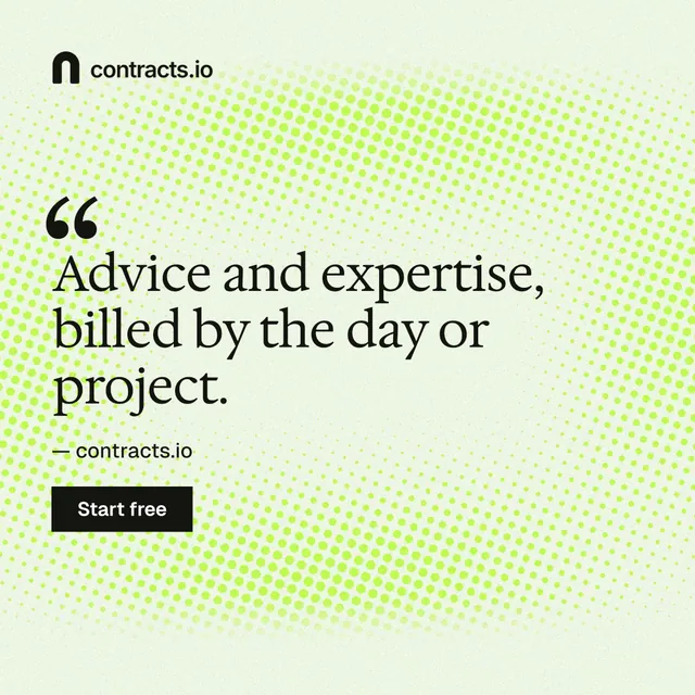 Instagram post for contracts.io: "Advice and expertise, billed by the day or project." Swiss style, quote layout, light palette in green, white.
