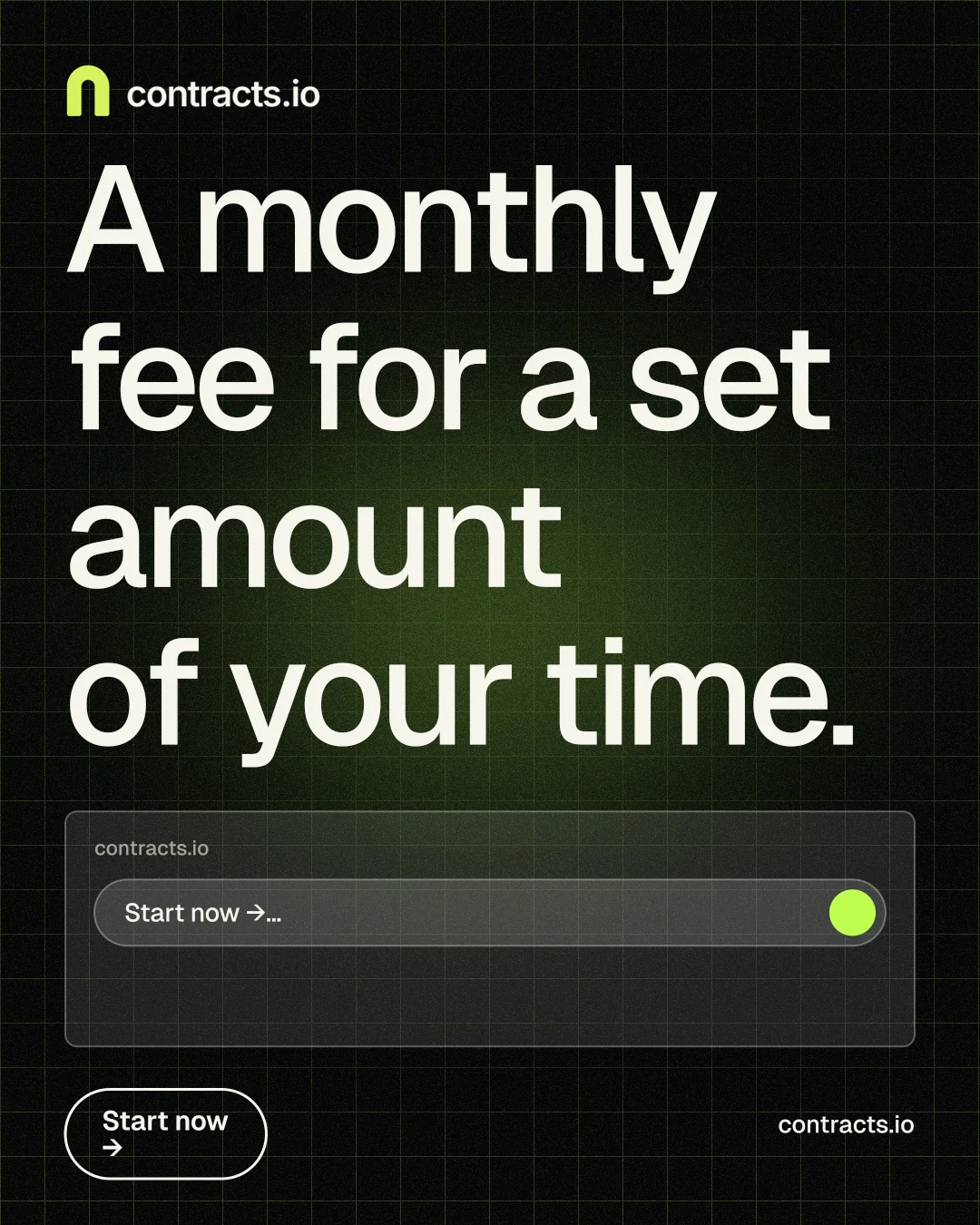 Instagram portrait post for contracts.io: "A monthly fee for a set amount of your time." Phosphor atlas style, poster layout, dark palette in black, grey.