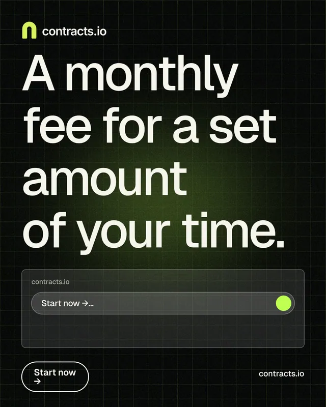 Instagram portrait post for contracts.io: "A monthly fee for a set amount of your time." Phosphor atlas style, poster layout, dark palette in black, grey.