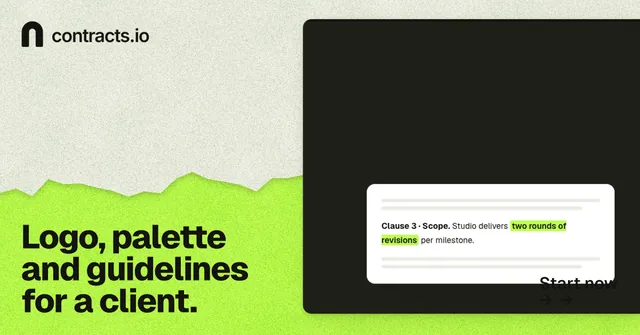 Social ad for contracts.io: "Logo, palette and guidelines for a client." Paper trio style, image led layout, light palette in yellow, black, green.