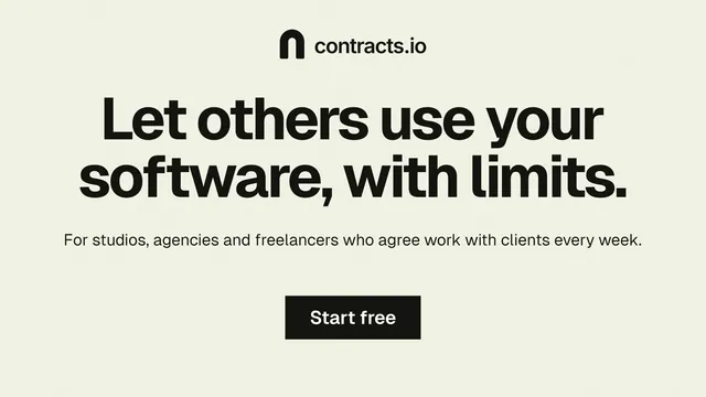 Landscape graphic for contracts.io: "Let others use your software, with limits." Swiss style, centred layout, light palette in white, grey, yellow.