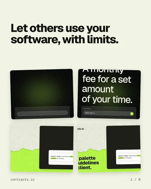 Carousel for contracts.io: "Let others use your software, with limits.". Collection carousel, 8 slides, light palette.