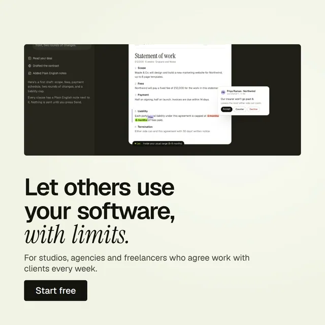 Video for contracts.io: "Let others use your software, with limits.". Doc motion loop, 6.0 s, light palette.