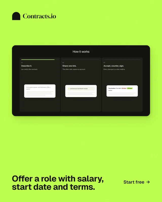 Instagram portrait post for contracts.io: "Offer a role with salary, start date and terms." Swiss style, image led layout, light palette in green, black.