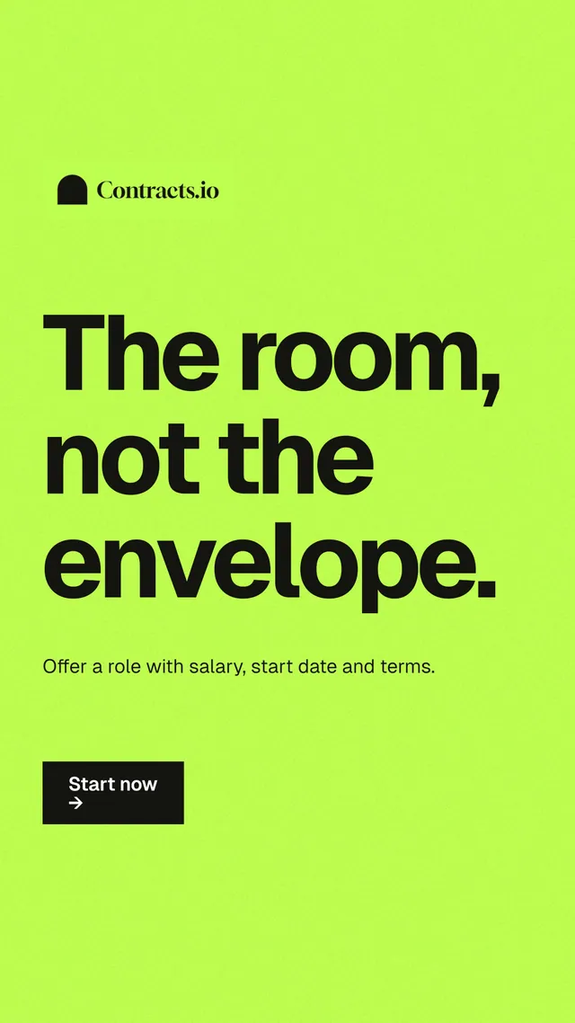 Instagram story for contracts.io: "The room, not the envelope." Swiss style, announce layout, light palette in green.
