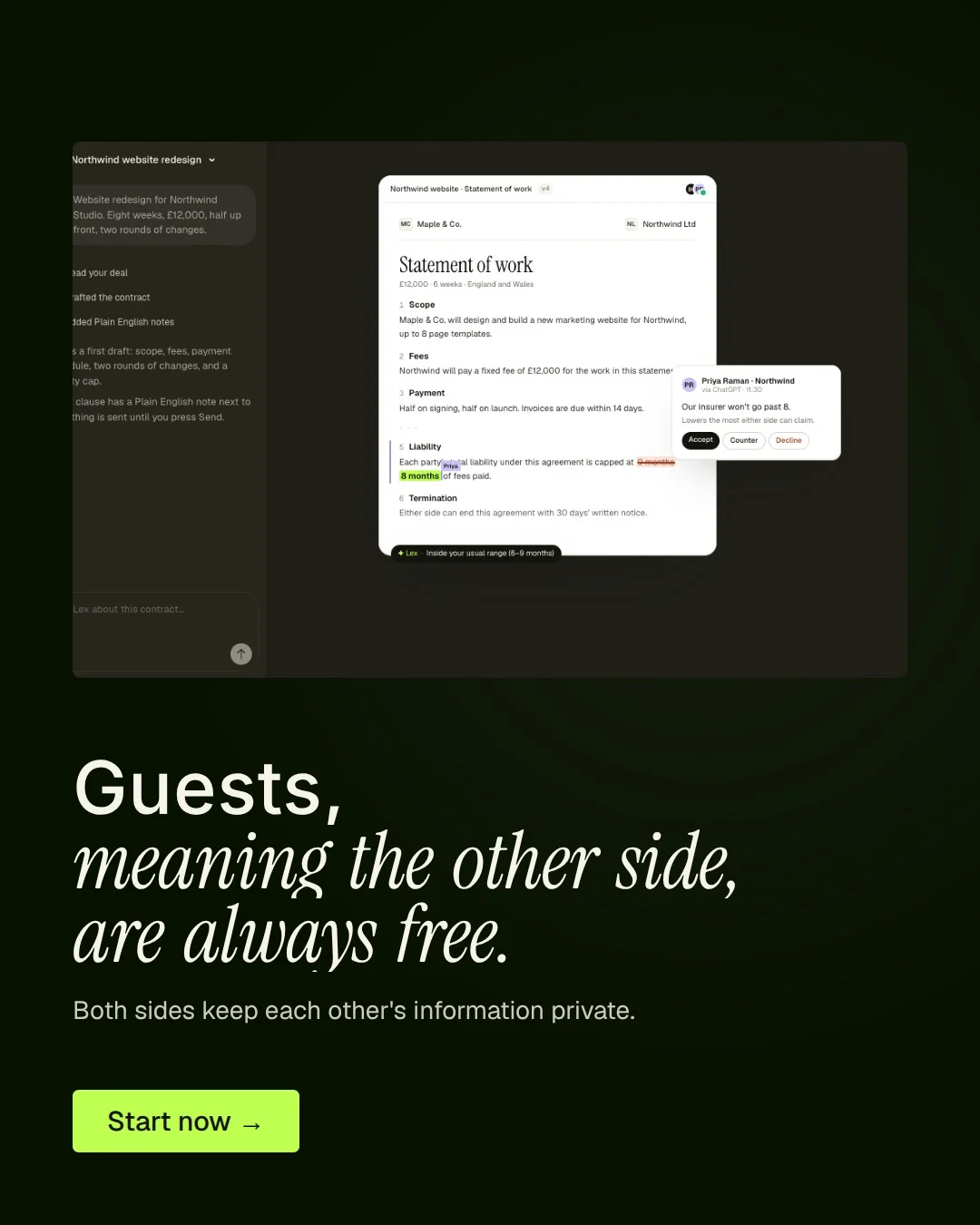 Video for contracts.io: "Guests, meaning the other side, are always free.". Kinetic type grid, 7.0 s, dark palette.