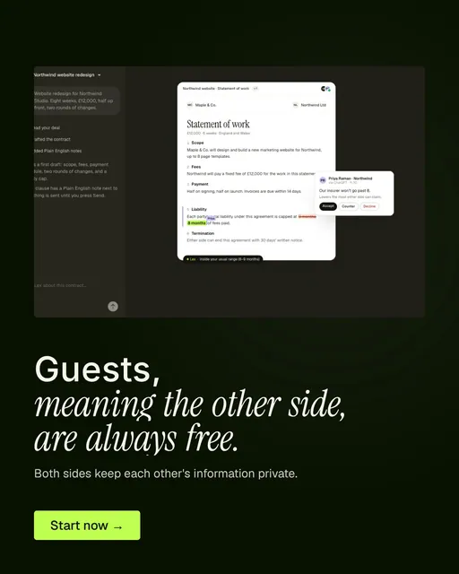 Video for contracts.io: "Guests, meaning the other side, are always free.". Kinetic type grid, 7.0 s, dark palette.